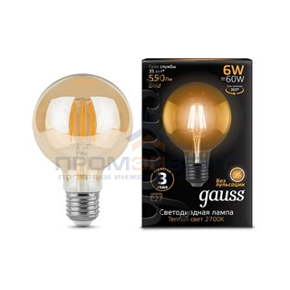 Лампа Gauss Filament G95 6W 550lm 2400К Е27 golden LED 1/20