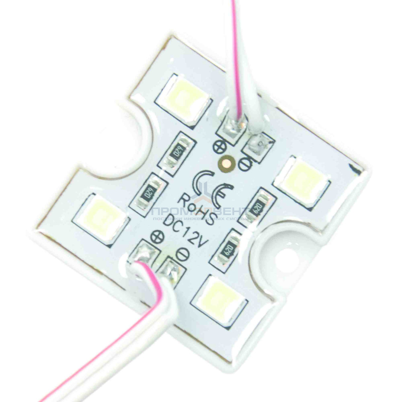 02-07 Модуль светодиодный, 12В, 1 Вт, 4*smd 5054, 35Лм/д, IP65, 6500 К, 36*36*6мм, силиконовая заливка, ХБ