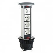 Блок розеточный выдвижной, 4 розетки 45х45мм, с выключателем, алюминий+нержавеющая сталь